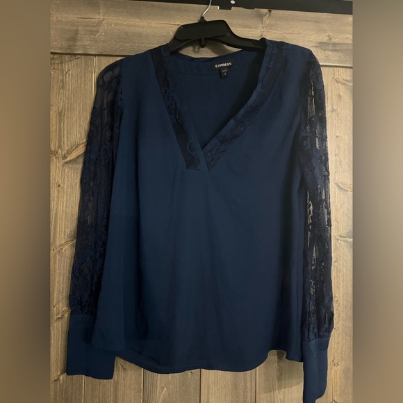 Express Tops - Express Deep Blue Lace Sleeve Blouse